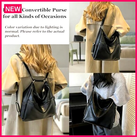 Large Vegan Leather Convertible Backpack Tote Bag with Multiple Pockets - Picture 6 of 8